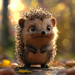 Cartoon Hedgehog, close up, standing in nature